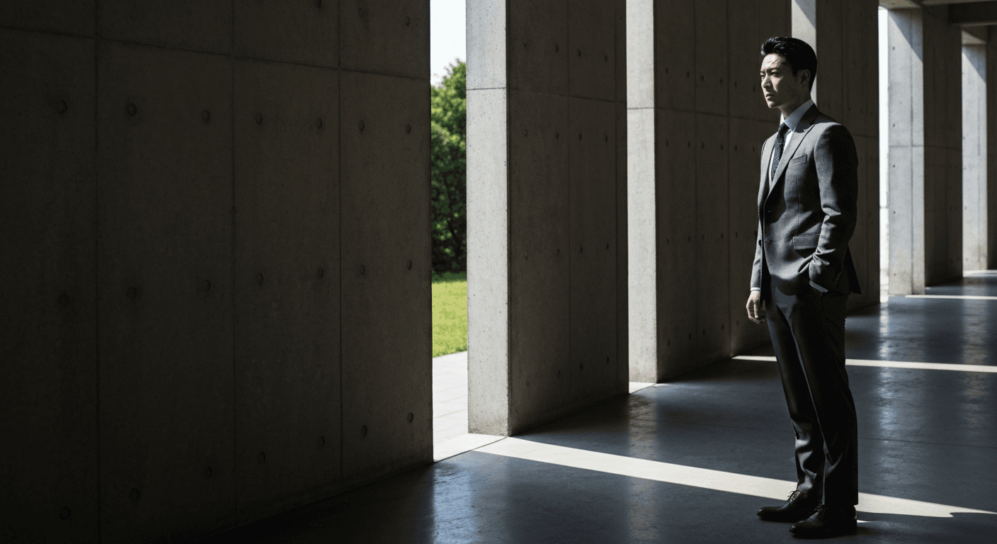 Silhouette d'homme en costume slim charcoal, profil trois quarts, lumière latérale