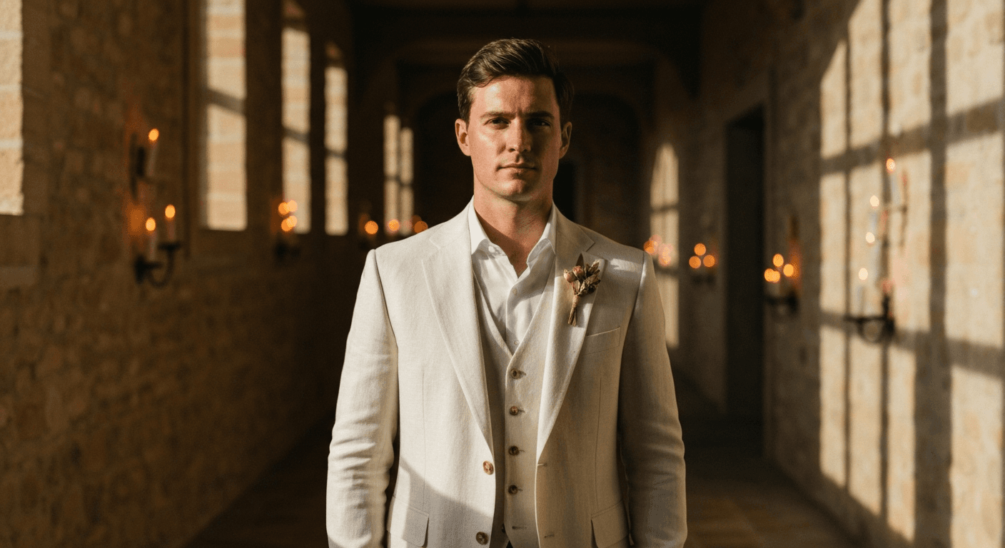 Costume trois pièces lin écru, mariage italien, fin de journée
