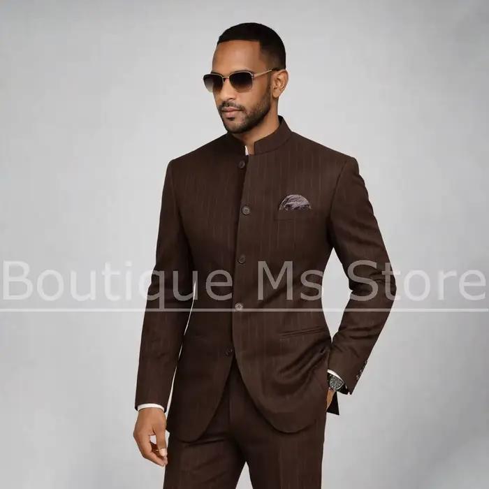 Costume rayé pour homme, ensemble 2 pièces, blazer à col mandarin avec pantalon, tenue formelle pour
