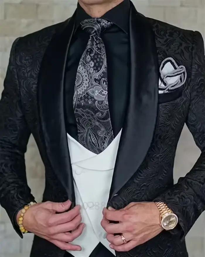 Costume 3 Pièces Premium pour Homme : Veste, Gilet et Pantalon Jacquard – Tenue de Mariage, Cérémoni