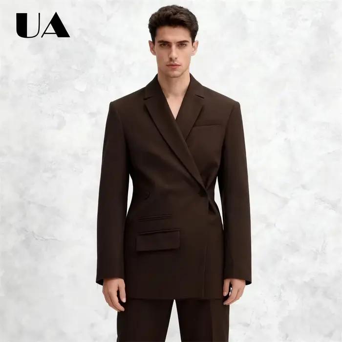 Costume 2 pièces pour homme avec boutons latéraux, veste longue marron et pantalon assorti, tailles 