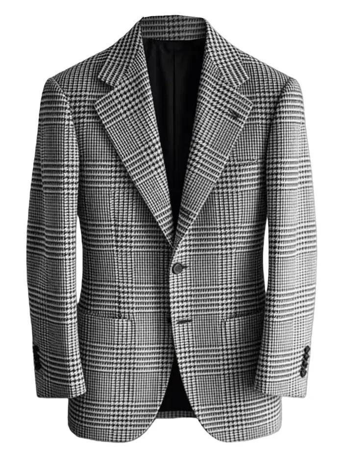 Blazer Homme Slim Fit en Mélange de Laine à Carreaux Pied-de-Poule, Veste Décontractée à Deux Bouton