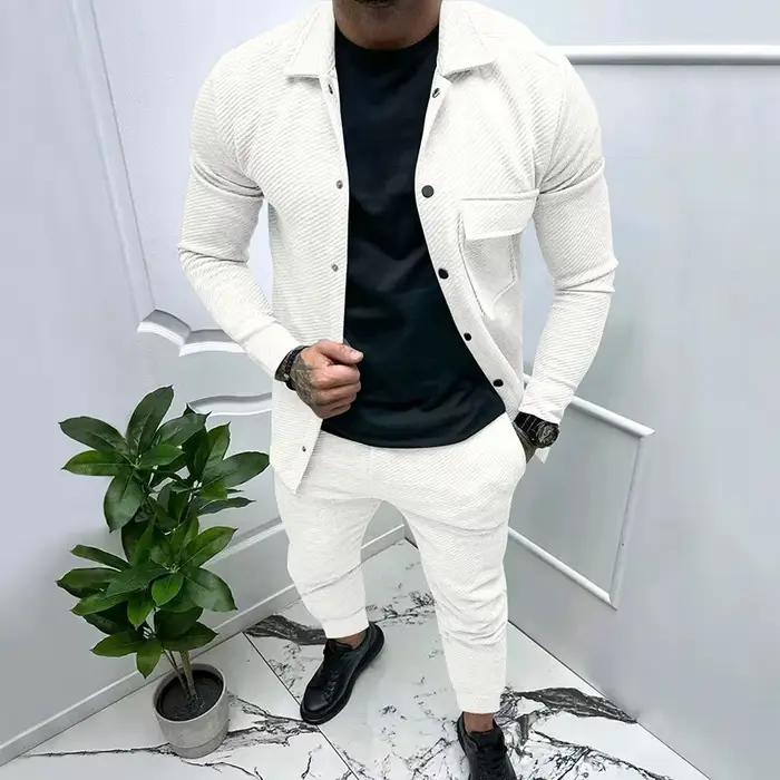 Ensemble deux pièces en jacquard pour homme, veste décontractée en sergé de rapd'impact, couleur uni