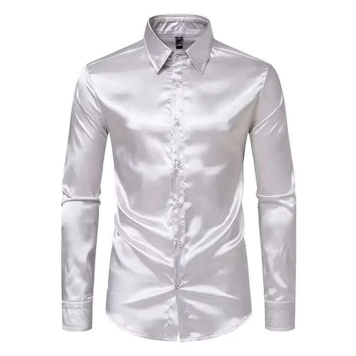 Chemises de luxe en Satin noir pour hommes, chemise de smoking lisse en soie, couleur unie, pour fêt