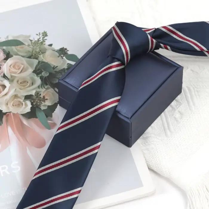 Cravate fine de luxe 6 cm pour homme, bleu marine à rayures, en jacquard tissé, pour affaires, maria