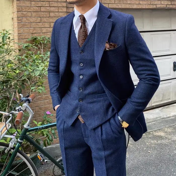 Nouveau costume rétro à chevrons pour hommes, coupe cintrée, costume 3 pièces pour hommes, simple bo