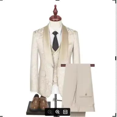 Costume de smoking formel 3 pièces en jacquard champagne pour homme avec blazer à revers châle, idéa