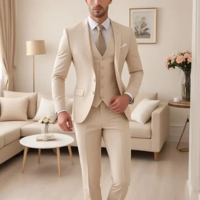 Smoking à simple boutonnage pour hommes, costume beige 3 pièces, revers cranté, marié de mariage, ch