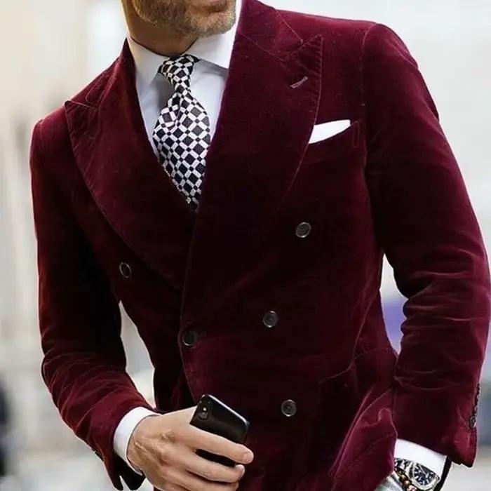 Blazer en velours bordeaux pour hommes, veste de dîner à Double boutonnage, manteau de costume éléga