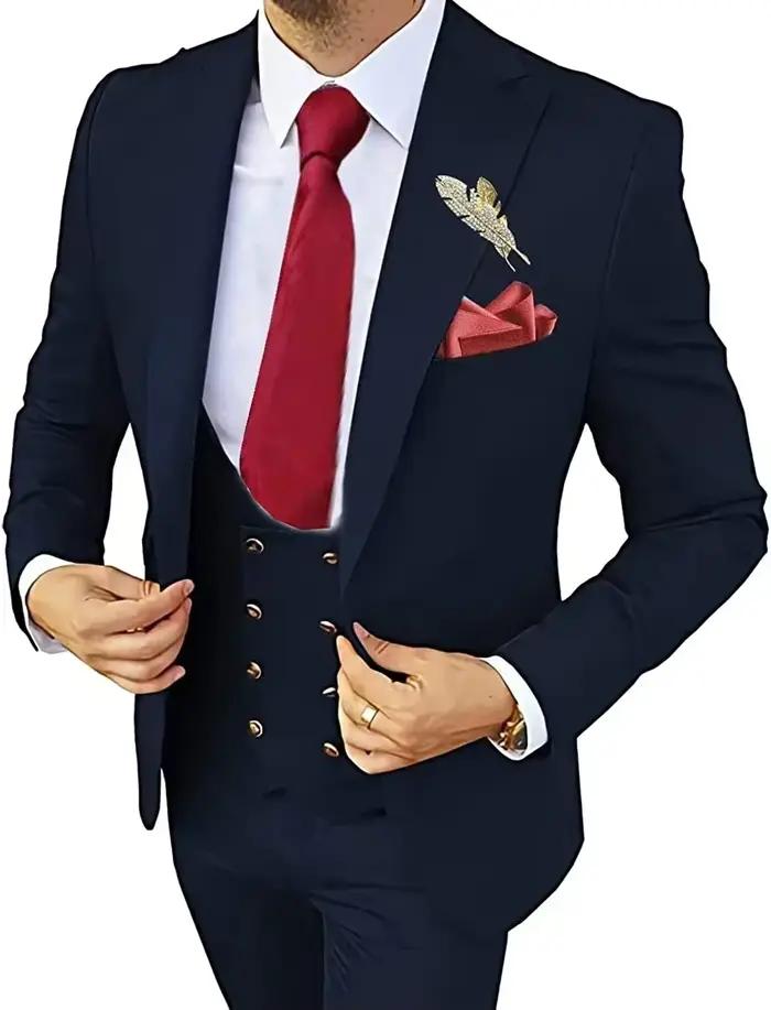 Costume de smoking classique pour hommes, 3 pièces, coupe cintrée, revers, gilet et pantalon, costum