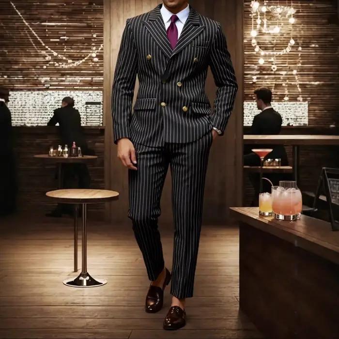 Costume Classique Marron Rayé pour Homme, Veste Simple Boutonnage et Pantalon, 2 Pièces, Smoking de 
