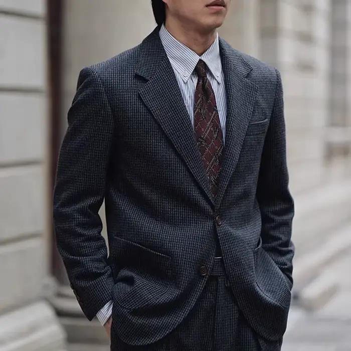 Costume en laine à carreaux pied-de-poule britannique rétro, veste de costume décontractée en Tweed 