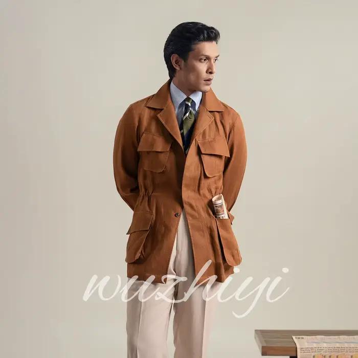 Costumes vintage orange pour hommes, pour affaires, à simple boutonnage, avec plusieurs poches à rab