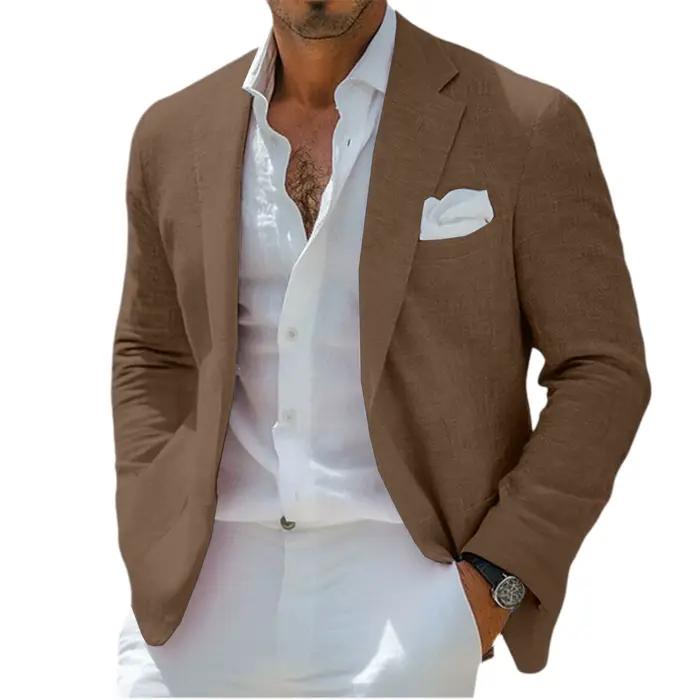Blazer en lin pour homme, revers cranté, 2 boutons, coupe ajustée, veste de costume légère et respir