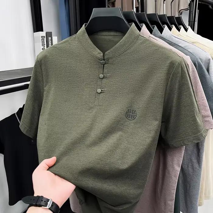 T-shirt à manches courtes pour homme, col mandarin, style chinois décontracté, chemise Henley à bout