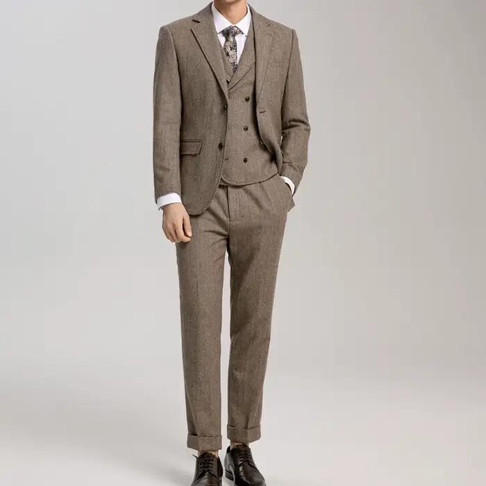 Costume de marié de mariage pour hommes, costume trois pièces en laine à chevrons marron rétro, nouv