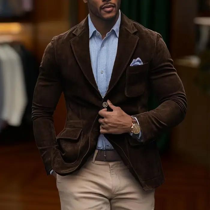 Blazer en daim marron pour homme, coupe slim vintage, revers cranté, veste formelle de haute qualité