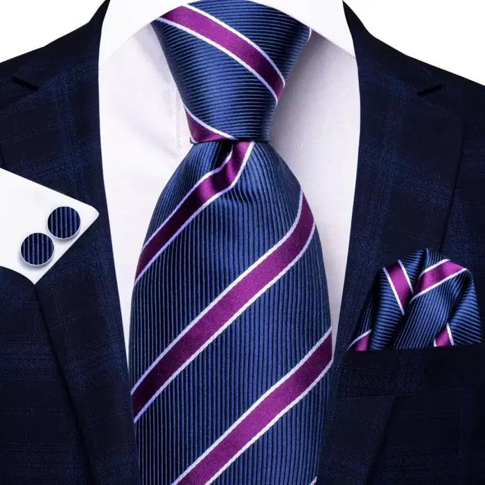 Cravates rayées pour hommes, boutons de manchette pratiques, bleu marine, violet, ensemble cravate d