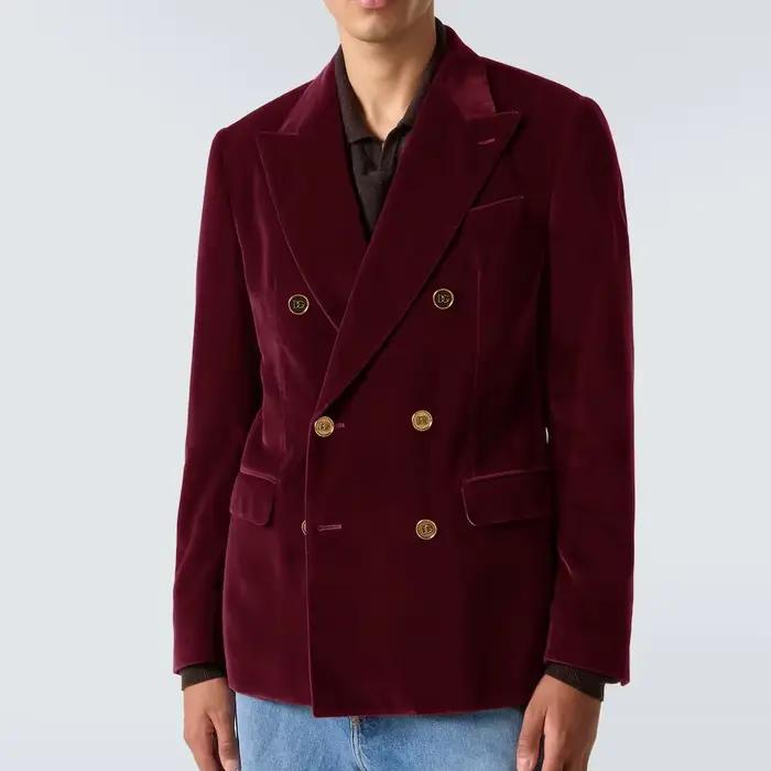Blazer de costume de luxe pour homme en velours bordeaux, croisé, à revers pointus avec boutons doré