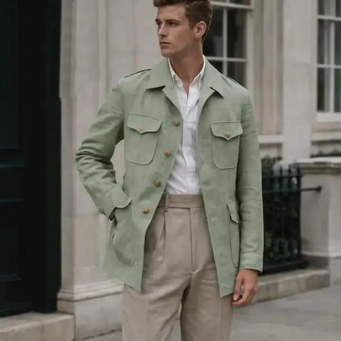 Costume Homme Lin Fait Main Style Safari Vintage Sur Mesure 2 Pièces (Blazer et Pantalon) pour Maria