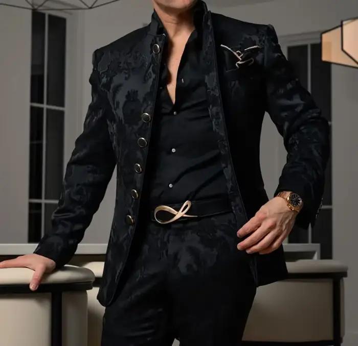 Costumes formels pour hommes, 2 pièces, blazer et pantalon, col montant, ensemble noir en jacquard p
