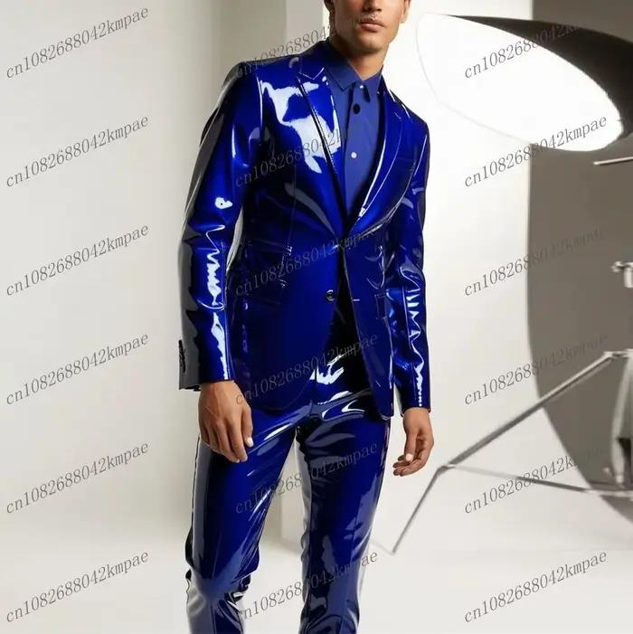 Costume homme en cuir PU bleu royal, occasion formelle, marié, témoin, mariage, fête, bal, smoking p