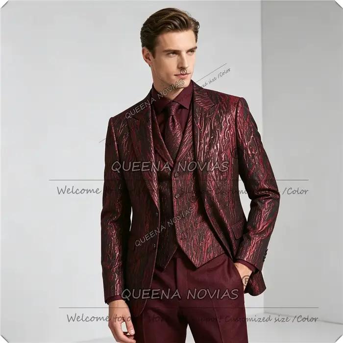Costumes de mariage exclusifs pour homme, veste à motif floral, gilet, pantalon, ensemble 3 pièces, 