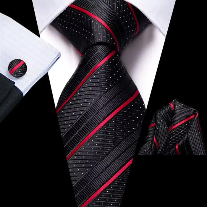 Cravate de mariage rayée noire et rouge pour homme, avec pochette de costume et boutons de manchette