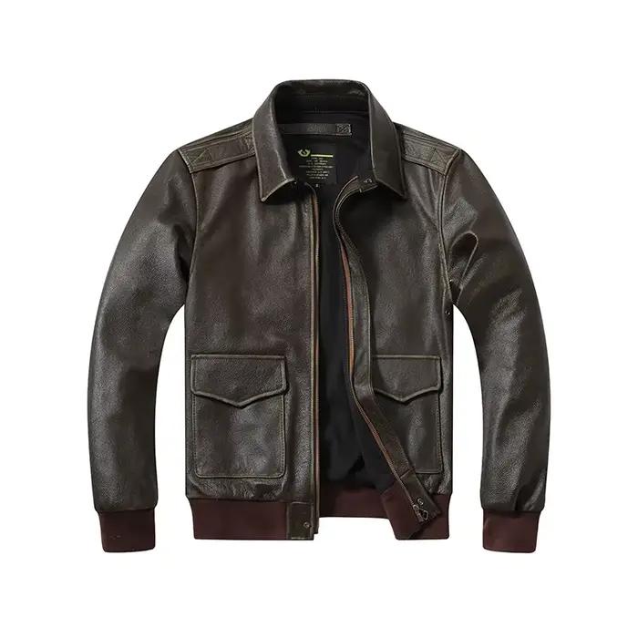 Veste en cuir Olive Vintage pour hommes, veste bombardier A2, couche supérieure en cuir de veau, Sty