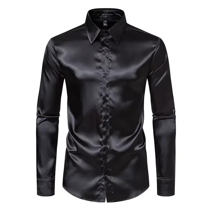 Chemises de luxe en Satin noir pour hommes, chemise de smoking lisse en soie, couleur unie, pour fêt