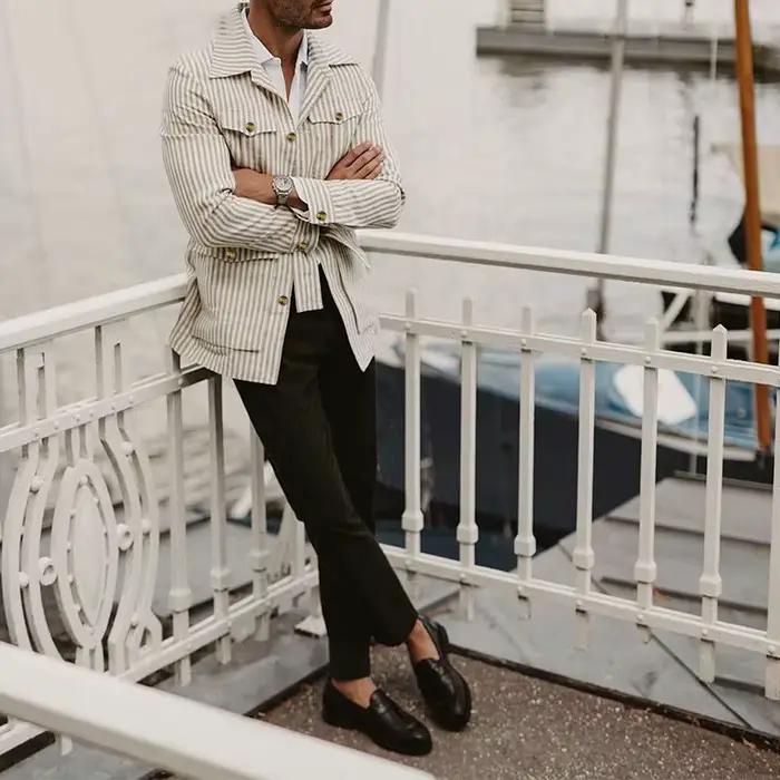 Printemps vêtements hommes léger luxe à manches longues rayé poche chemise décontracté Streetwear ch