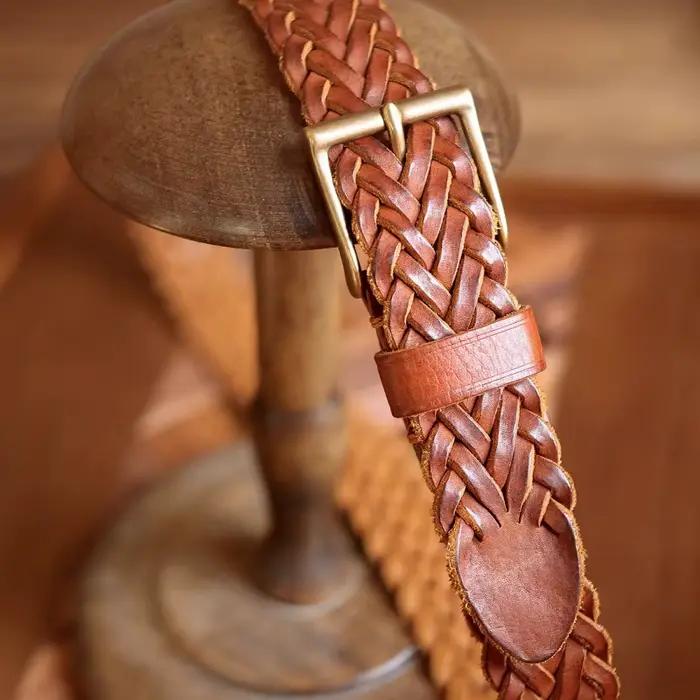 Ceinture de styliste rétro en laiton et cuivre, tissée à la main, en cuir véritable végétal, décontr