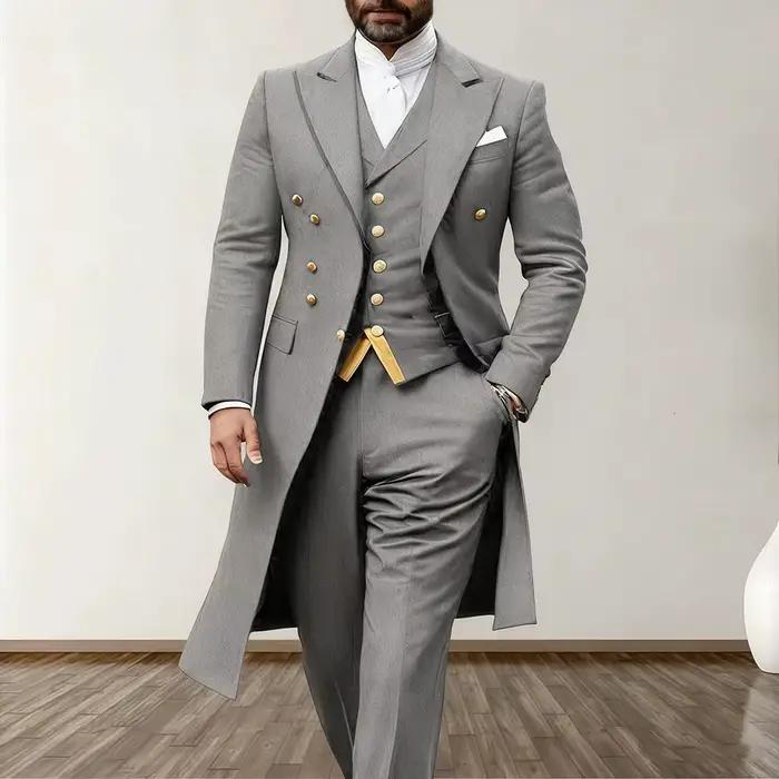 Costume de mariage bleu pour homme, 3 pièces, blazer long, gilet, pantalon, satin, un bouton, smokin