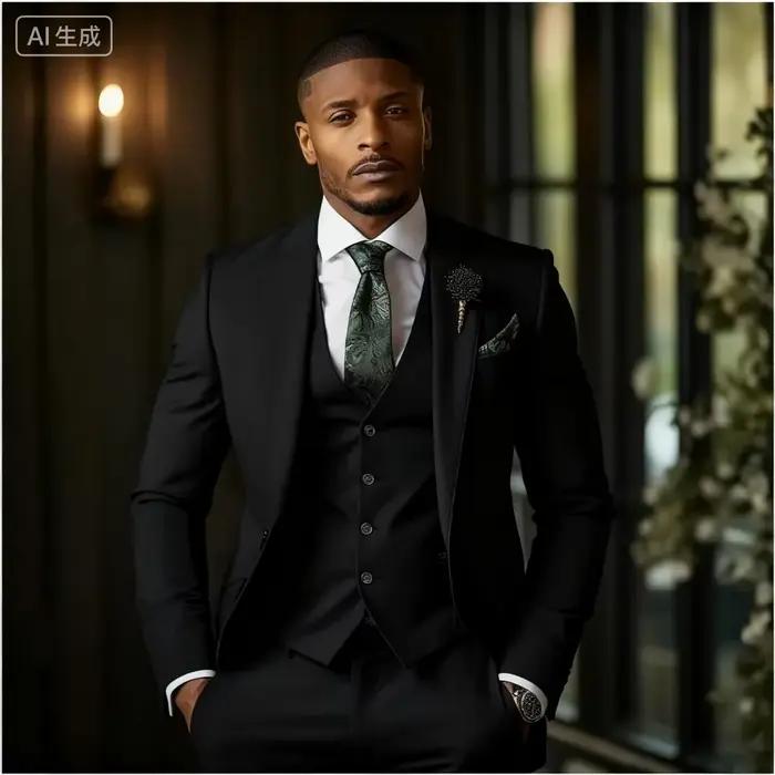 Veste élégante de smoking formelle pour hommes, 3 pièces, vert émeraude, avec revers cranté + gilet 