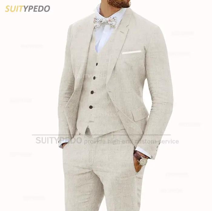 Costume en lin 2026 pour homme, 3 pièces, coupe ajustée décontractée, veste, gilet et pantalon class