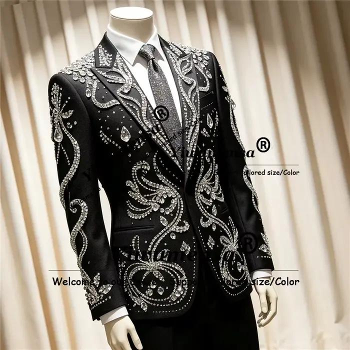 Costume de luxe pour homme pour mariage, blazer orné de strass métalliques, ensembles sur mesure 2 p