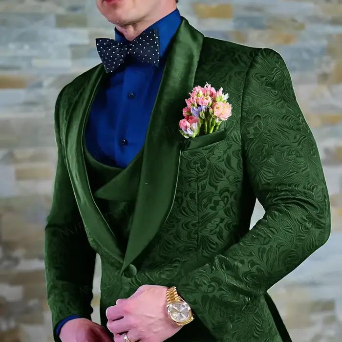 Costume bleu marine pour hommes, veste et pantalon en Jacquard, ensemble 3 pièces, smoking formel po