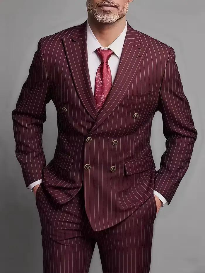 Costume Homme Deux Pièces Croisé Tendance et Ajusté pour Mariage ou Tenue Décontractée en Tissu Rayé