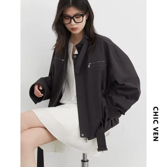 CHIC VEN mode femmes vestes Streetwear décontracté solide rétro col montant manteau court haut pour 