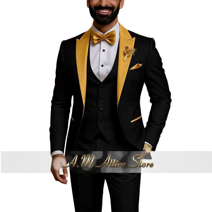Costume de Mariage Homme Haute Couture 3 Pièces – Veste, Gilet et Pantalon Slim Fit à Revers Dorés –