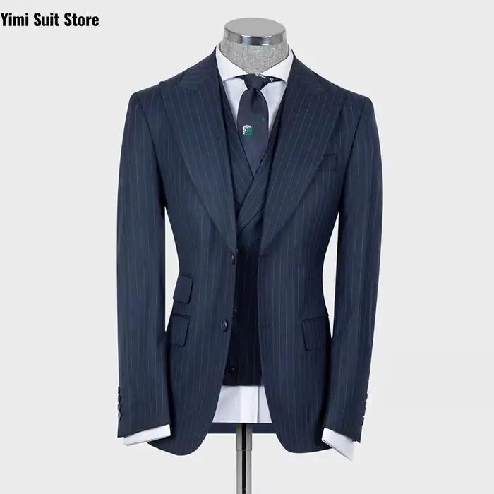 Costumes pour hommes bleu marine à rayures fines, 3 pièces, coupe régulière, revers pointus, ensembl