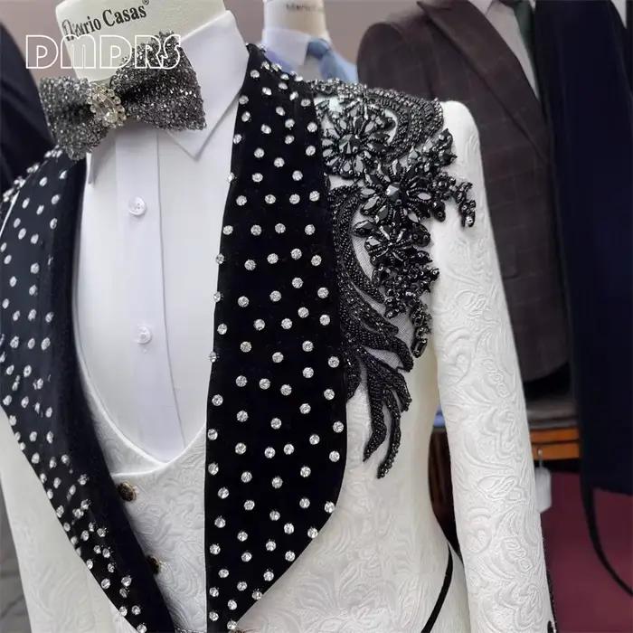 Ensemble de Smoking Paisley de Luxe pour Homme, Tenue Formelle 3 Pièces avec Perles et Strass Noirs 