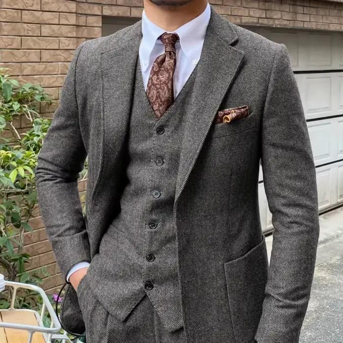 Costume de mariage en Tweed à chevrons pour hommes, 3 pièces, Blazer, gilet, pantalon, smoking, gris