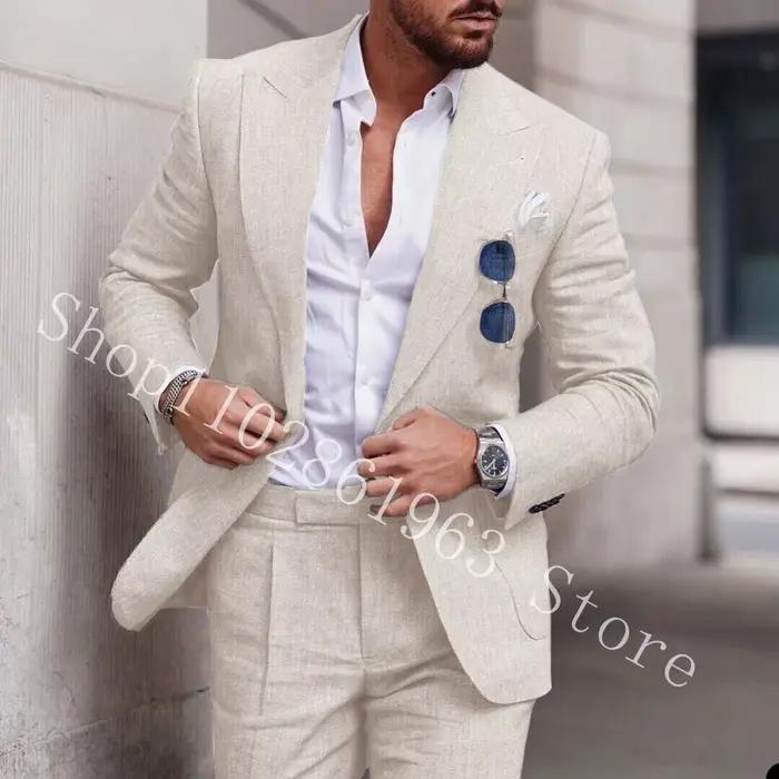 Costumes en lin blanc pour hommes, coupe couvertes, revers Patricia, meilleurs vêtements de marié, b