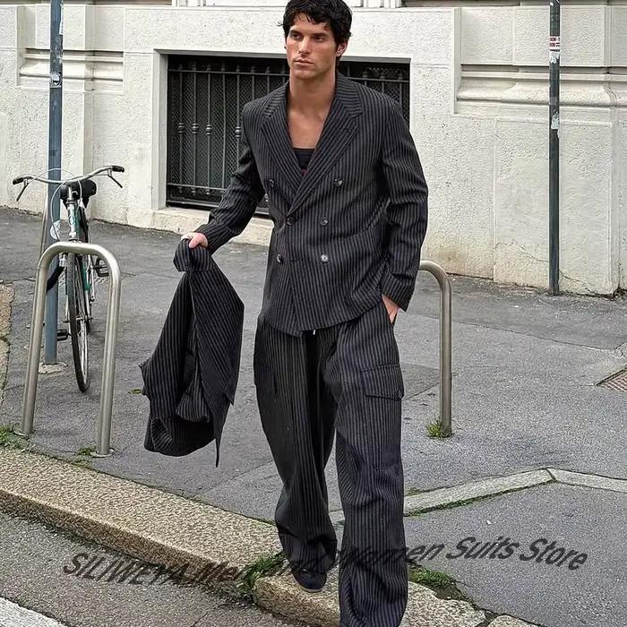 Costume élégant pour hommes, à fines rayures, Double boutonnage, revers cranté, ensemble deux pièces