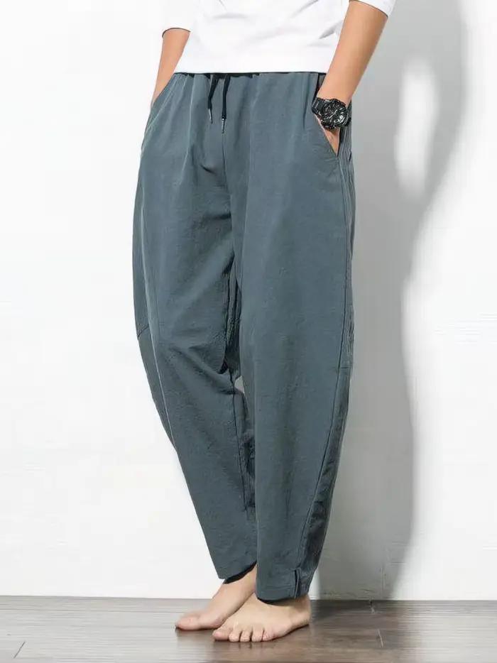 Coton lin survêtement pantalon hommes Baggy pantalon décontracté mâle marche jambe large lâche coton