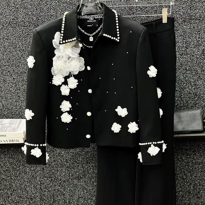 Veste à revers avec des Appliques de fleurs pour homme, manteau à revers avec perles et perles, mode