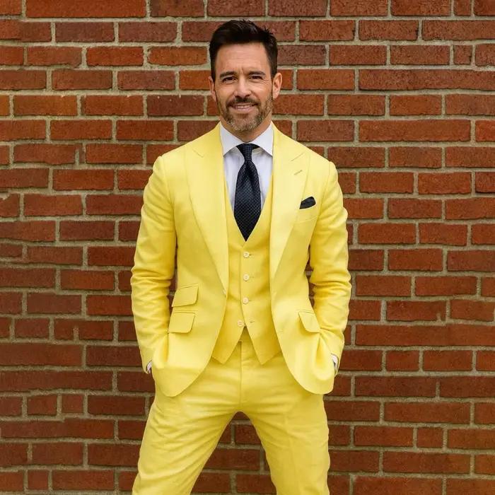 Costume homme en lin 3 pièces sur mesure, veste, gilet et pantalon, pour soirée estivale, mariage à 