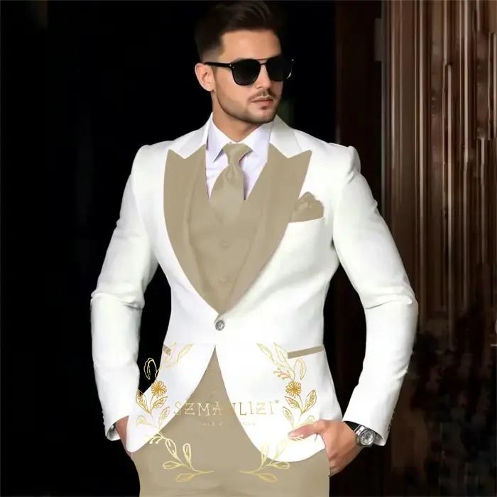 Costumes de luxe pour hommes pour mariage, coupe cintrée à revers, 3 pièces, veste blanche, pantalon