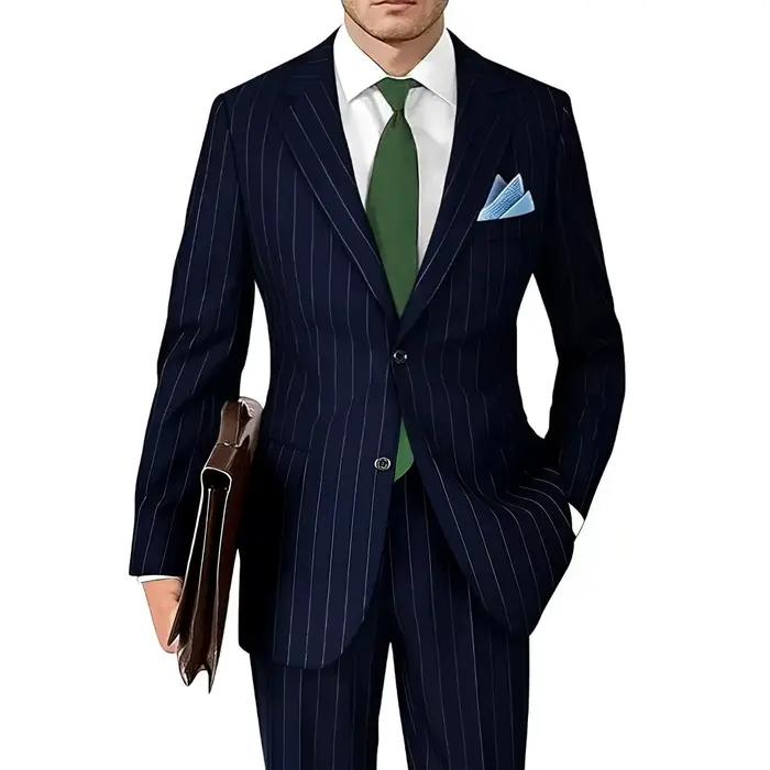 Costume décontracté et élégant avec motif rayé, polyester, col montant, poche décorative, taille ajustable, pour hommes, adapté aux quatre saisons, affaires et loisirs